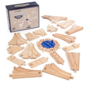 Switch Track Wooden Train Set (18 pcs.) - 8 Way Turntable Rail Station Accessory